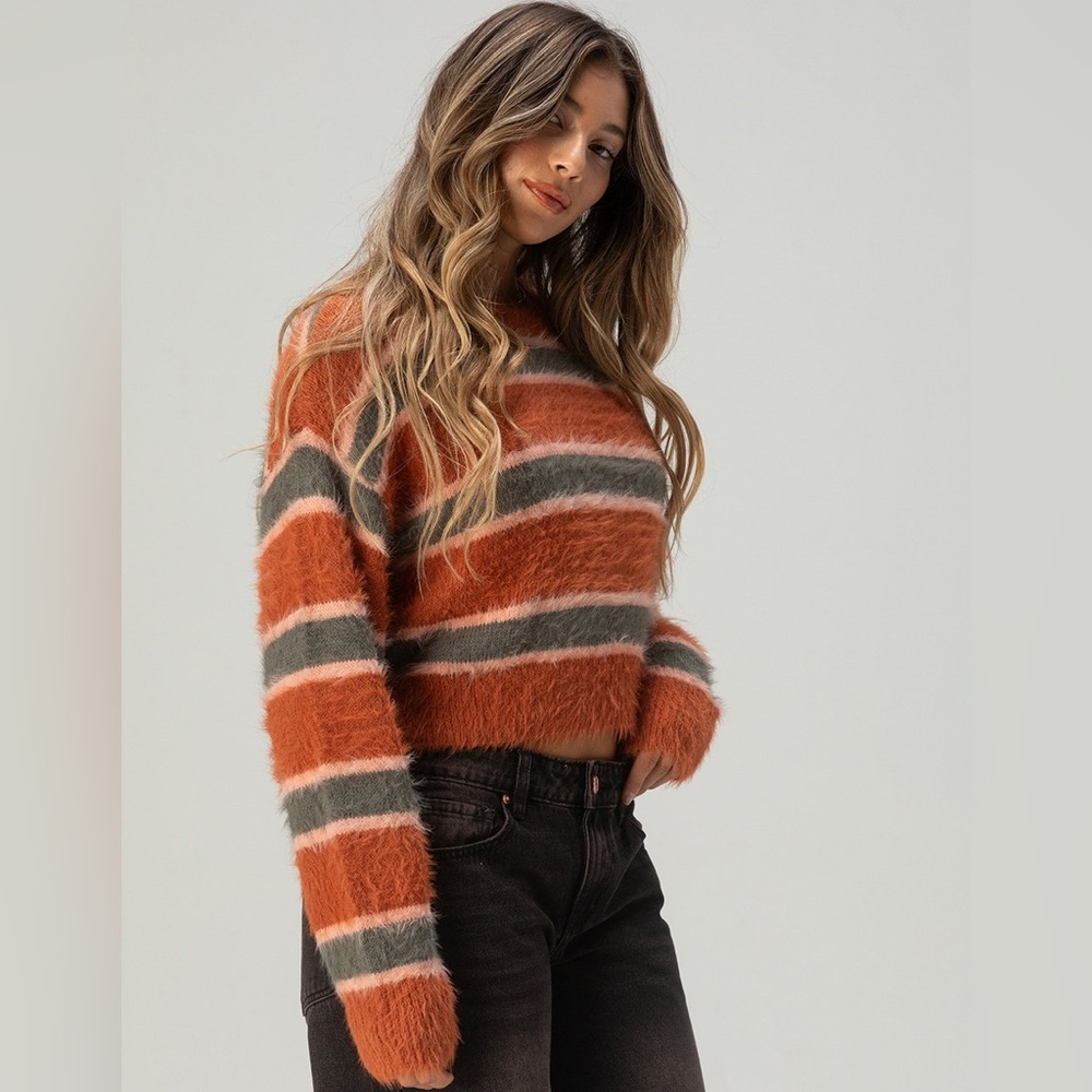 New!- Full Tilt Fuzzy Orange & Green Striped Sweater